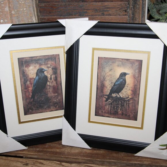 NEW Moody Gothic Black Raven Crow Black Birds Framed Wall Decor Picture Set